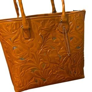 Patricia Nash Embossed Leather Cutout Adeline Tote Shoulder Bag Sun yellow.